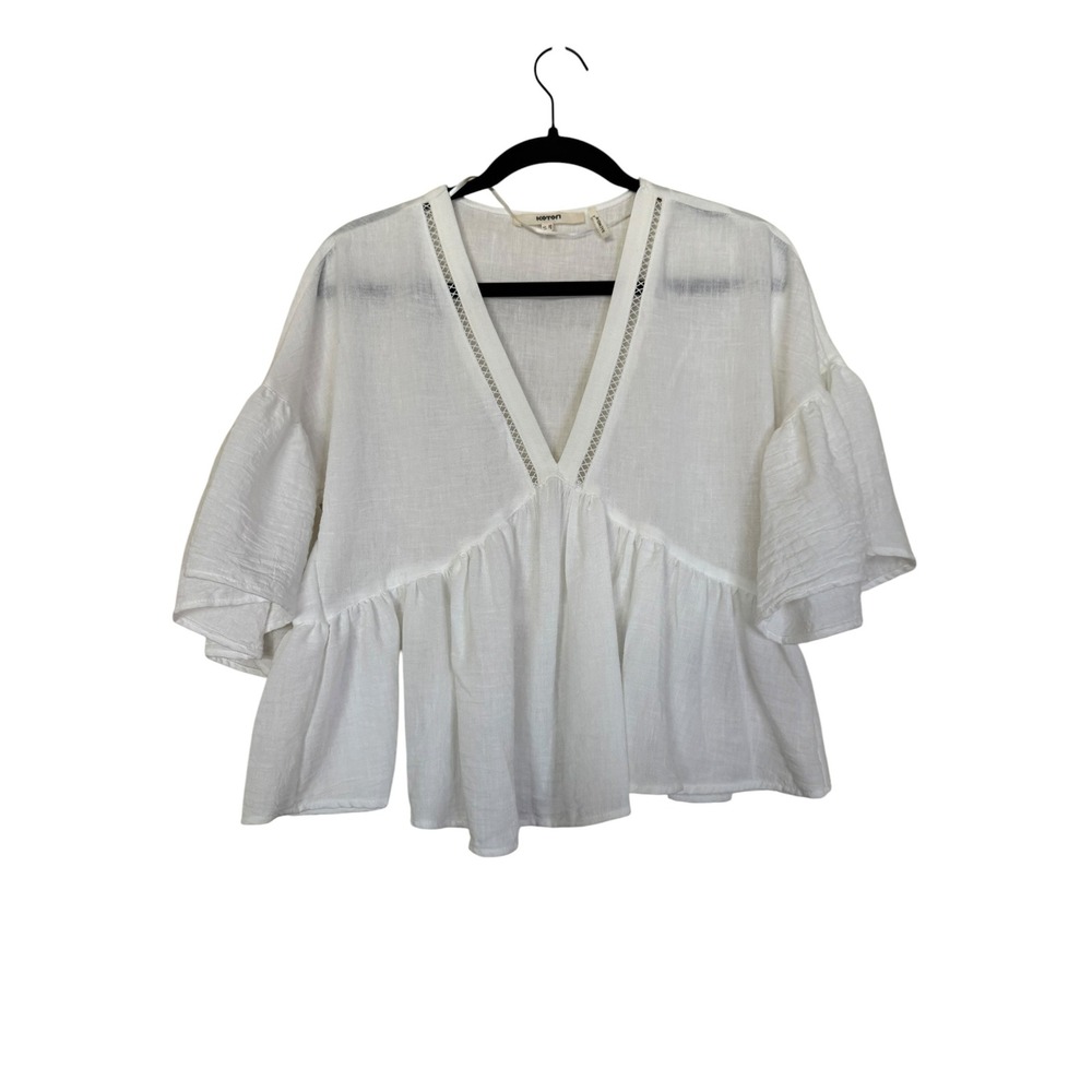 Koton White Linen Blend V-Neck Peplum Blouse with Ruffle Bell Sleeves Size 8